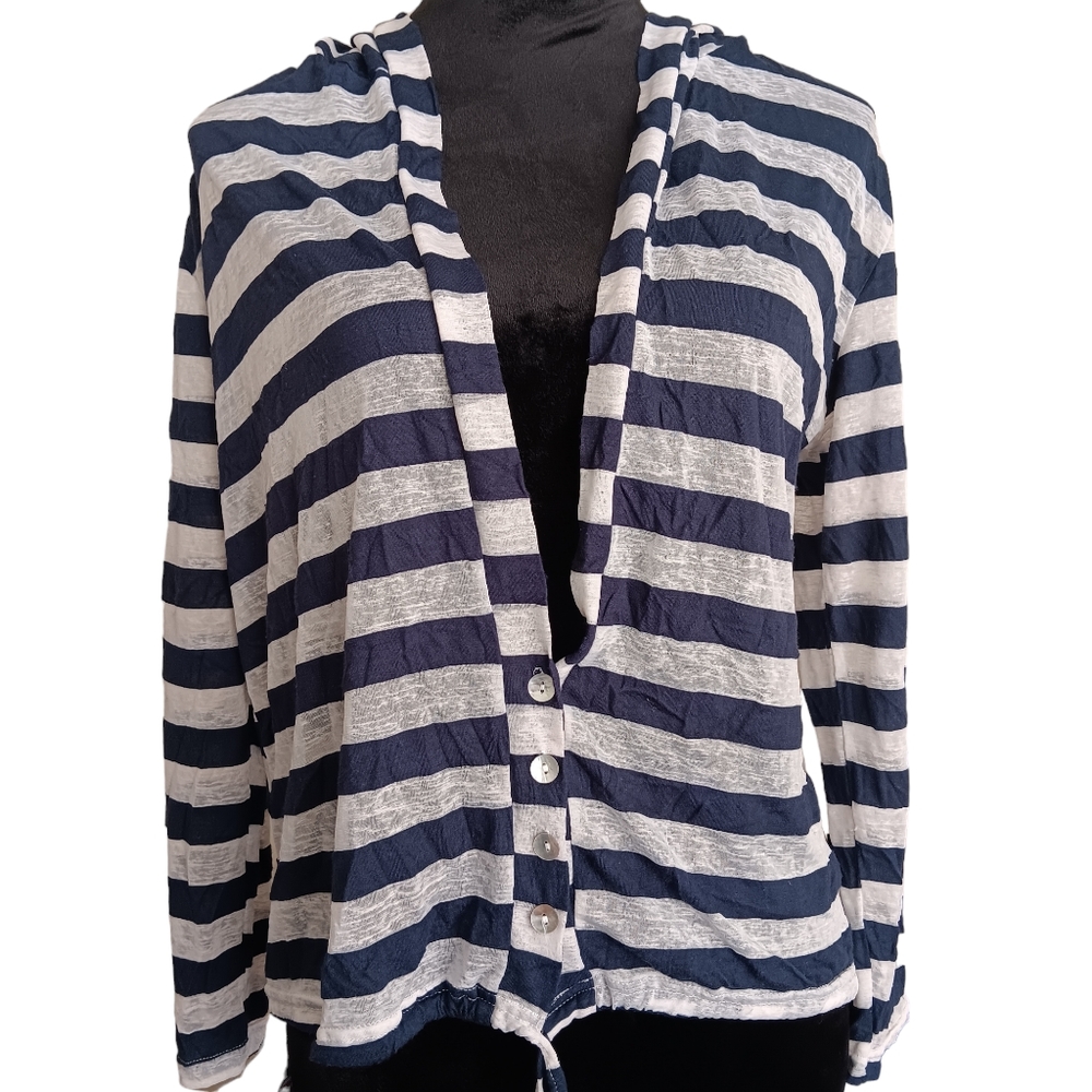 The Wow Now Blue & Gray Hoodie Striped Shirt Women's Size Small